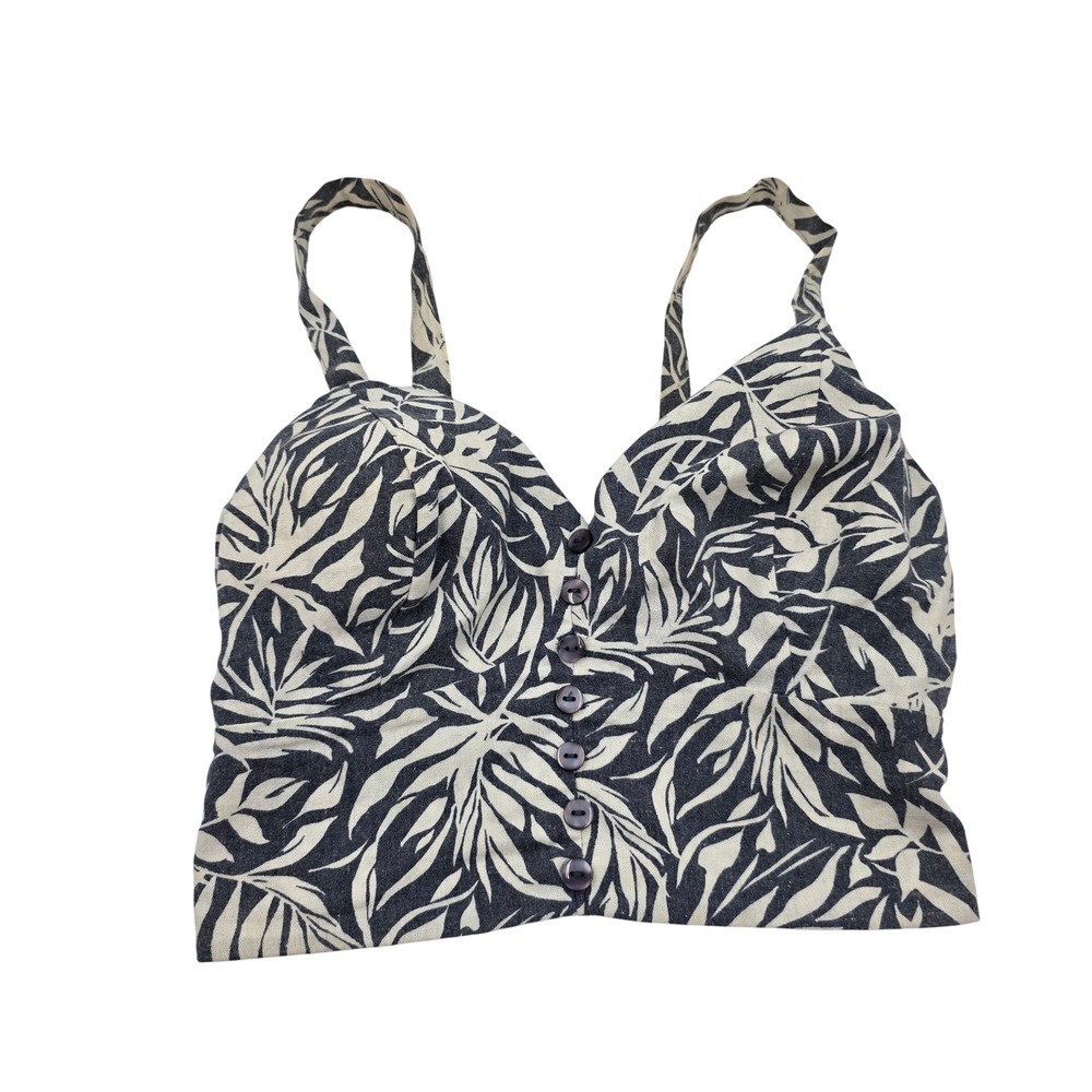 Haute Monde Navy White Tropical Leaf Print Button Down Crop Top Smocked Small T2